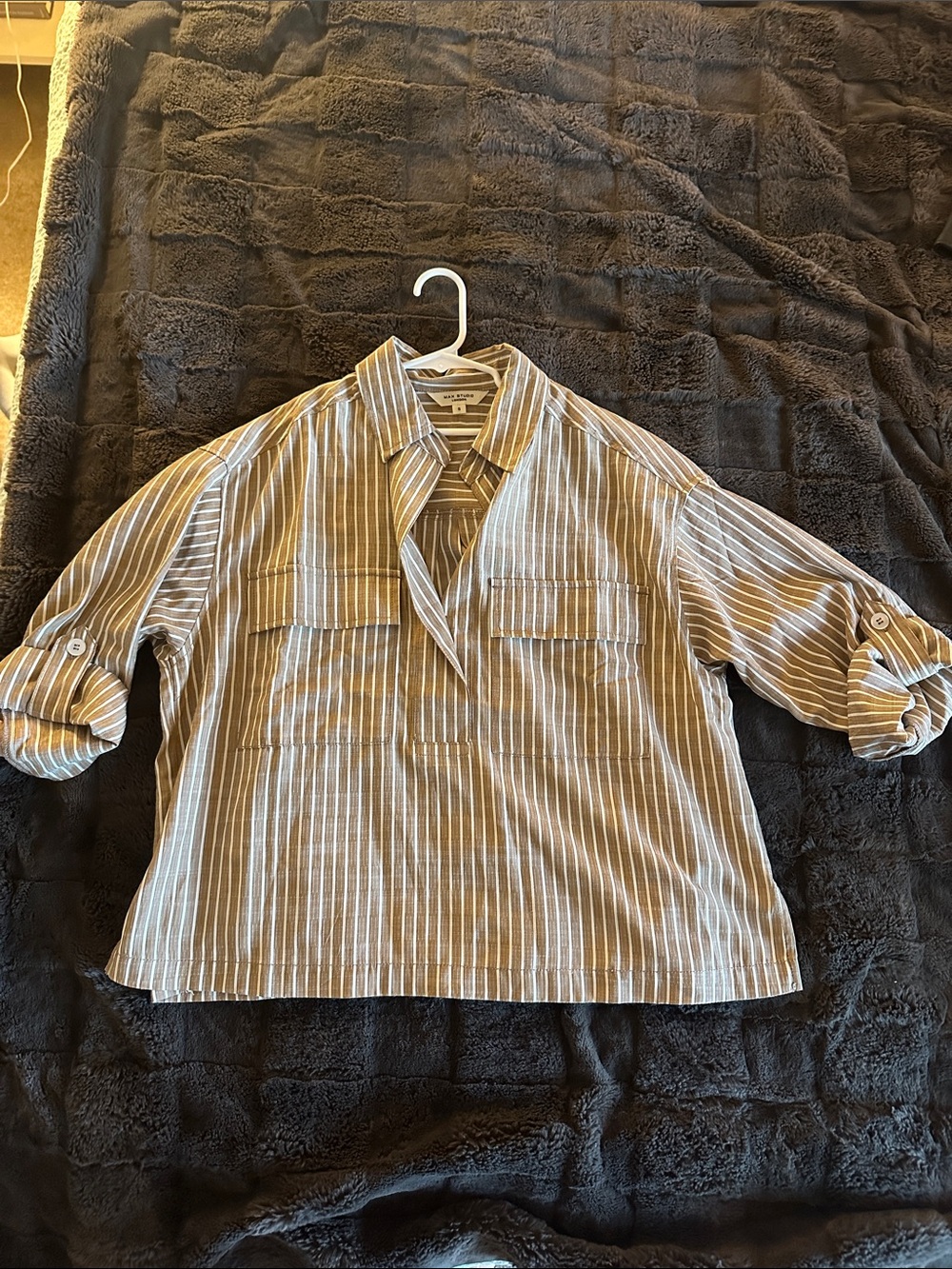 Max Studio Tan and White Striped Button-Front Blouse